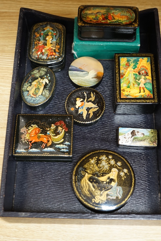 Nine late 19th/early 20th century Russian lacquer boxes. Condition - good